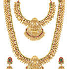 Gold - Rani Pink Green necklace earrings set crafted from brass, adorned with faux kundan for an elegant, timeless look | Peora
