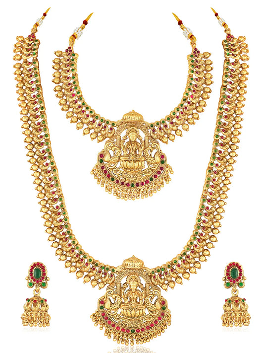 Gold - Rani Pink Green necklace earrings set crafted from brass, adorned with faux kundan for an elegant, timeless look | Peora
