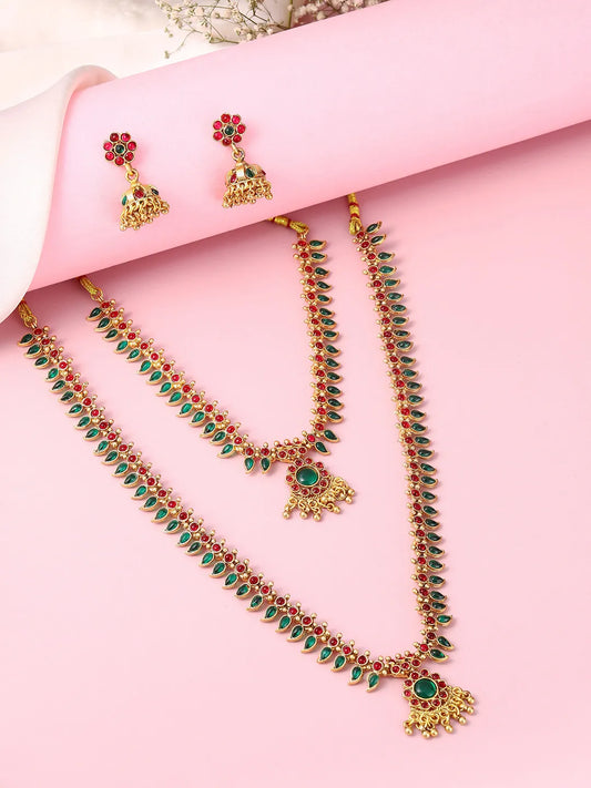 Engraved Leaf Motif Necklace Set - Gold