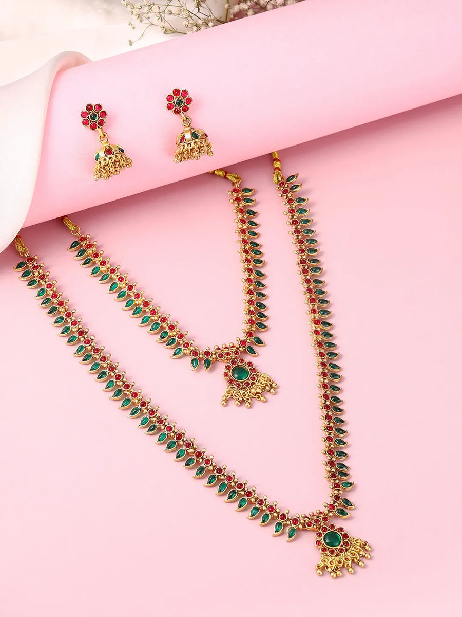 Engraved Leaf Motif Necklace Set - Gold