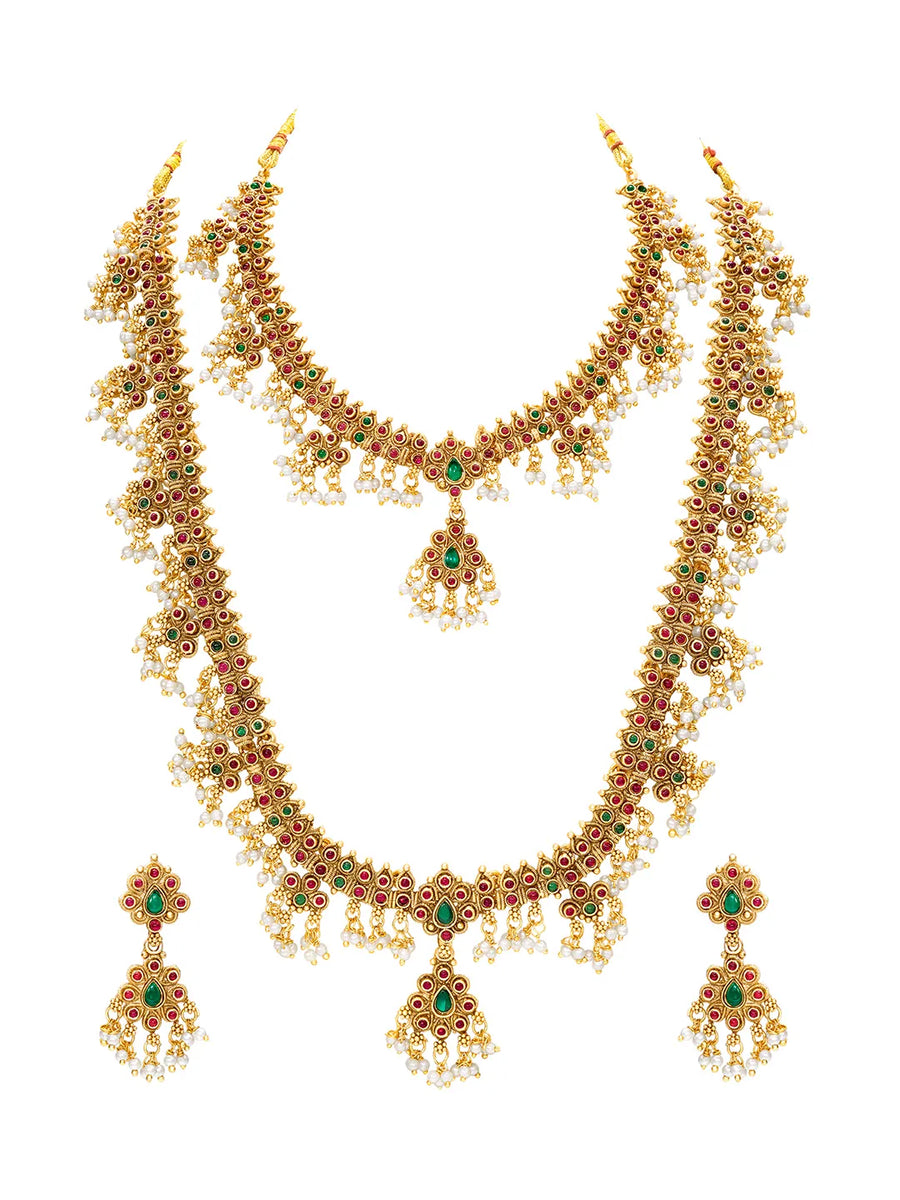 Peora Jaadu Green & Rani Pink Necklace Bridal Set