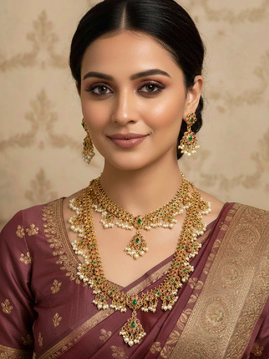 Peora Jaadu Green & Rani Pink Necklace Bridal Set