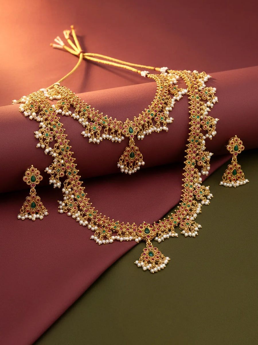 Peora Jaadu Green & Rani Pink Necklace Bridal Set