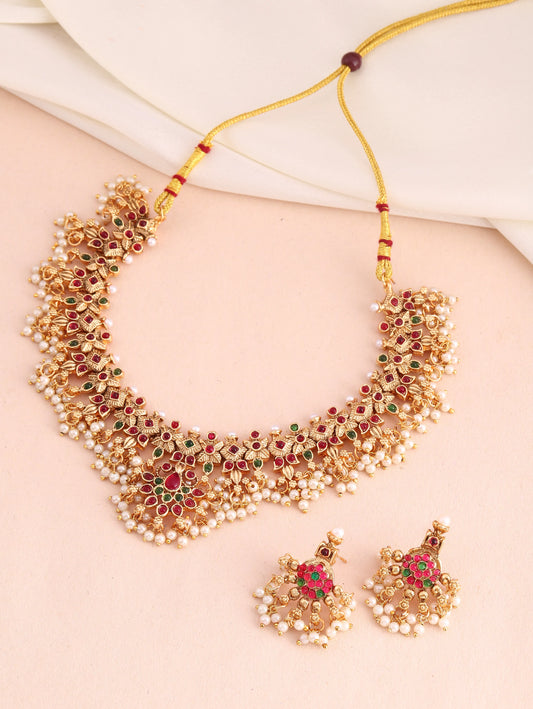 Royal Look Faux Kundan Beads Necklace Set - Gold