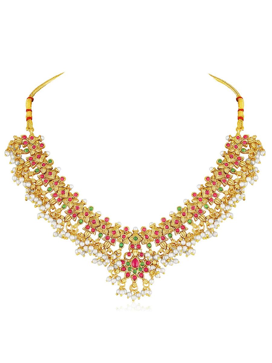 Royal Look Faux Kundan Beads Necklace Set - Gold