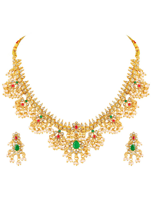 Graceful Ethnic Kundan Beads Necklace Set - Gold