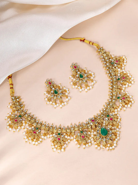 Graceful Ethnic Kundan Beads Necklace Set - Gold