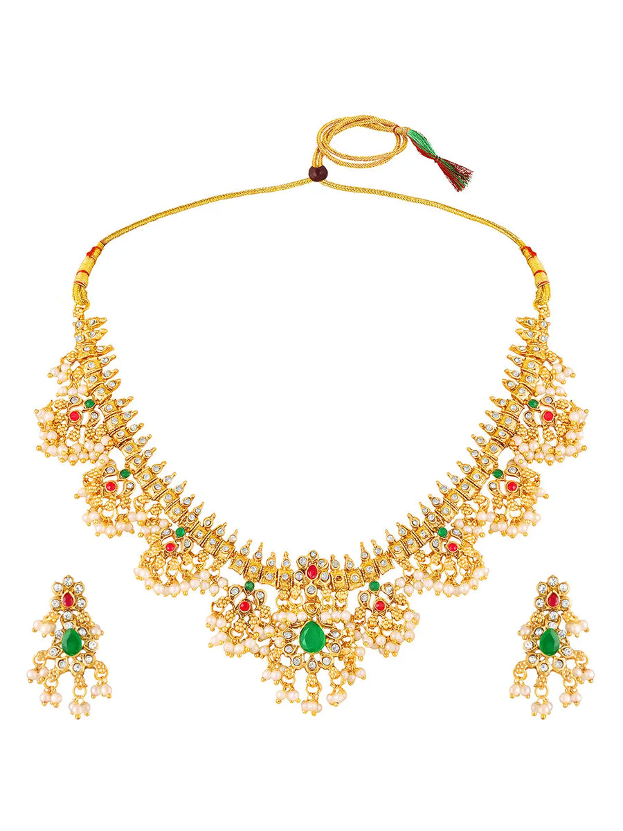 Graceful Ethnic Kundan Beads Necklace Set - Gold