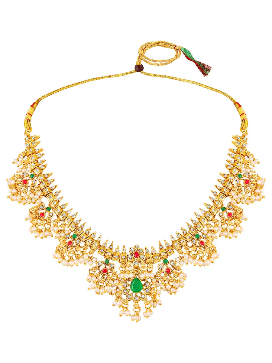 Graceful Ethnic Kundan Beads Necklace Set - Gold