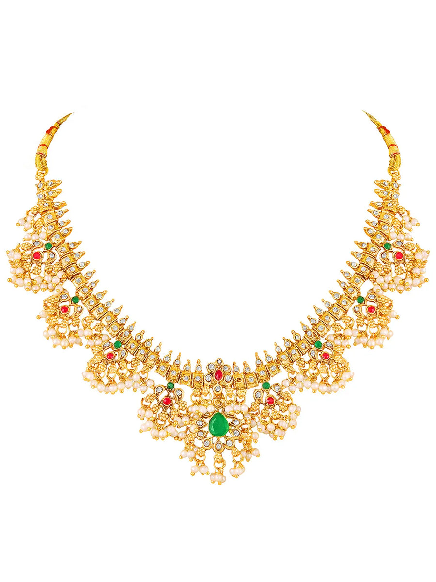 Graceful Ethnic Kundan Beads Necklace Set - Gold