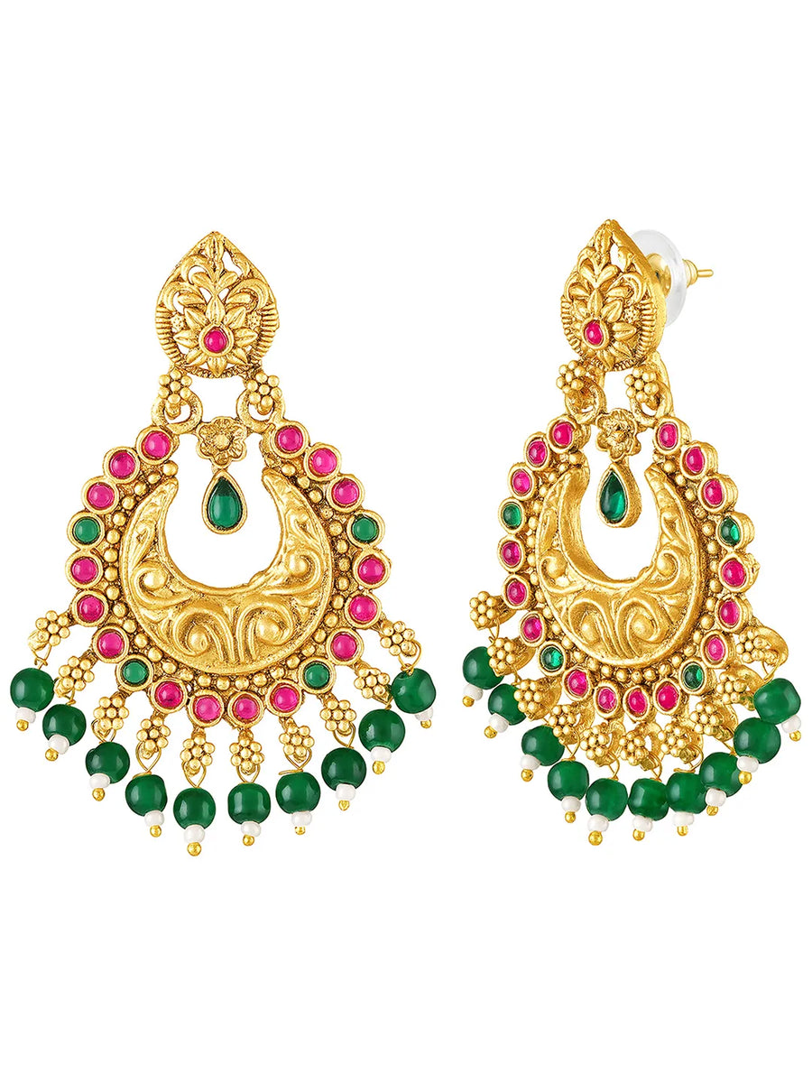 Peora Festive Kundan Pink Green Chandbali Earrings