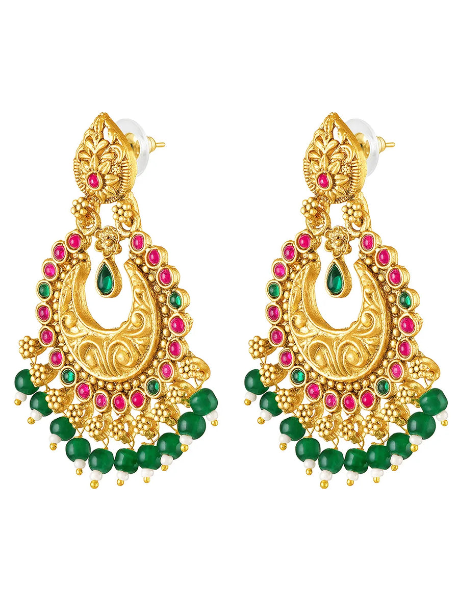Peora Festive Kundan Pink Green Chandbali Earrings