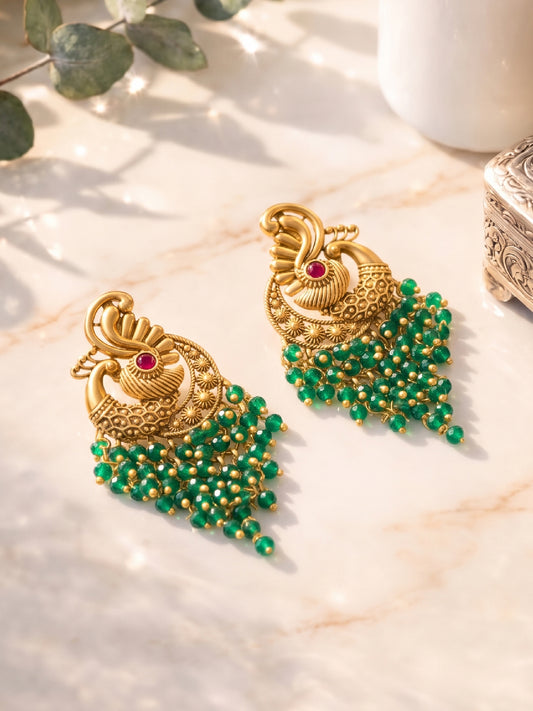 Peora Peacock Green Dangle Earrings - Gold