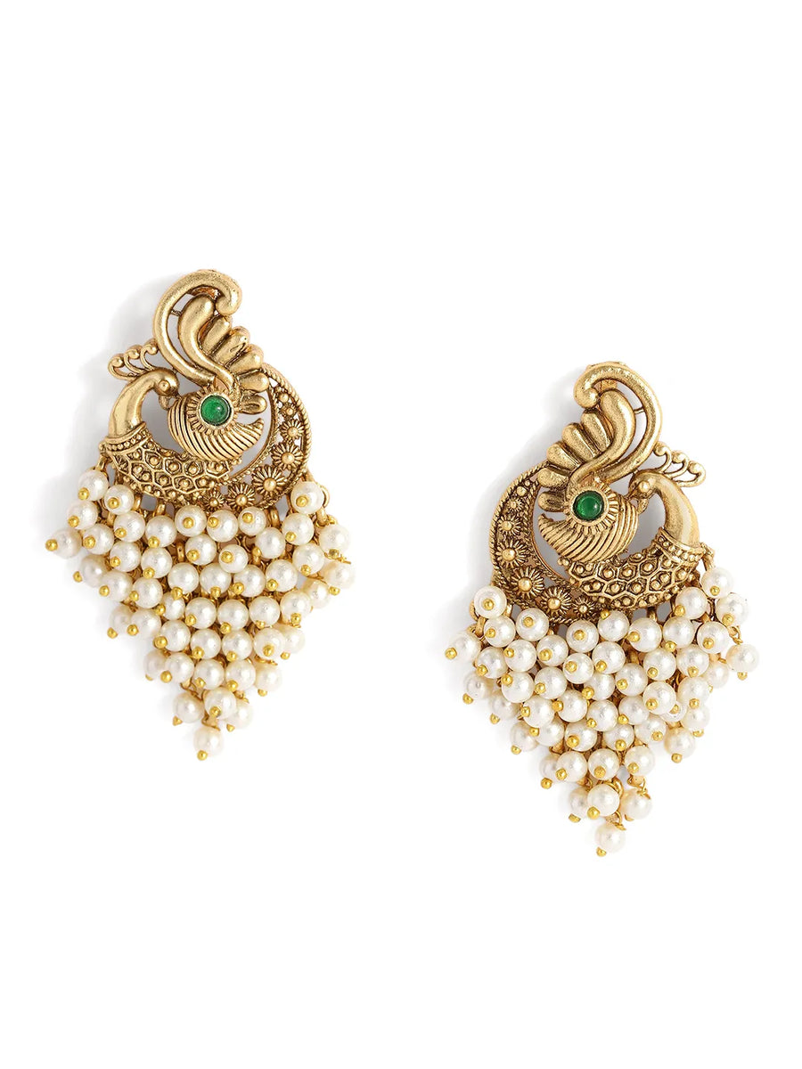 Peora Peacock White Dangle Earrings - Gold