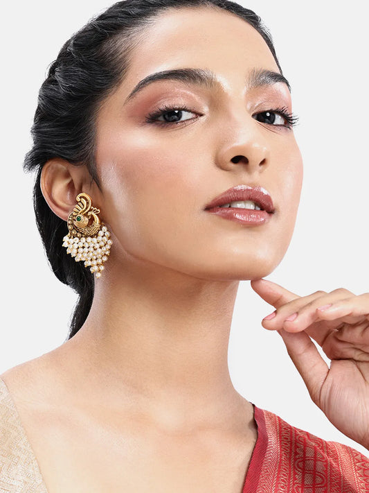 Peora Peacock White Dangle Earrings - Gold