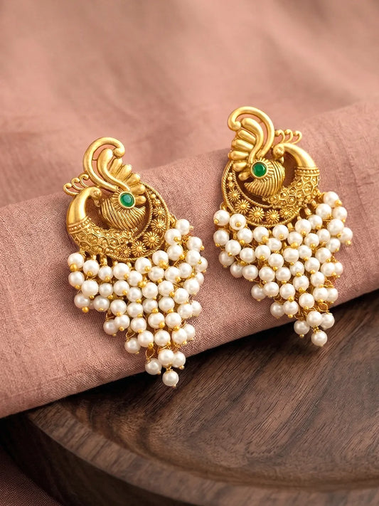 Peora Peacock White Dangle Earrings - Gold