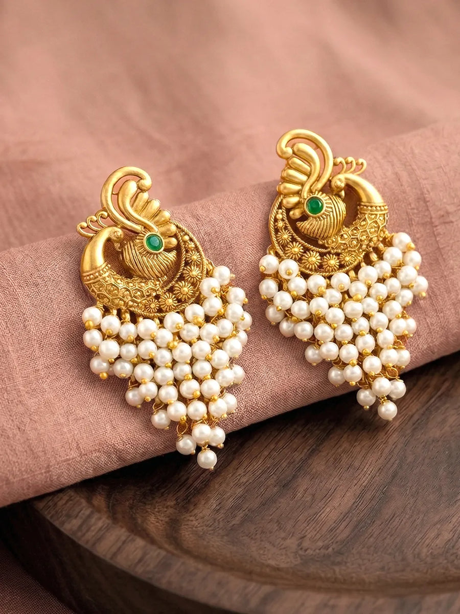 Peora Peacock White Dangle Earrings - Gold