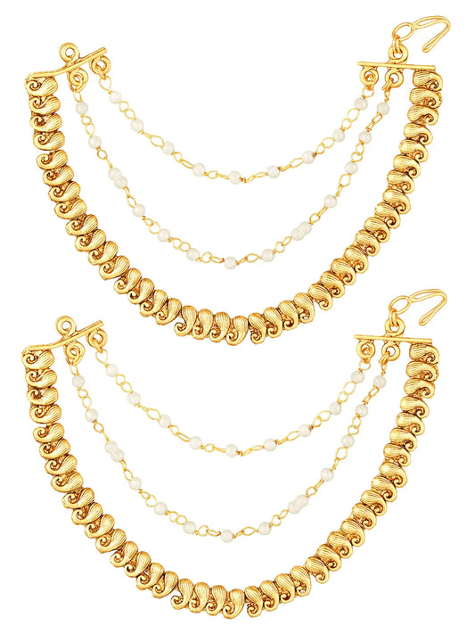 Traditional Paisley Pearl Chain Earrings - Gold