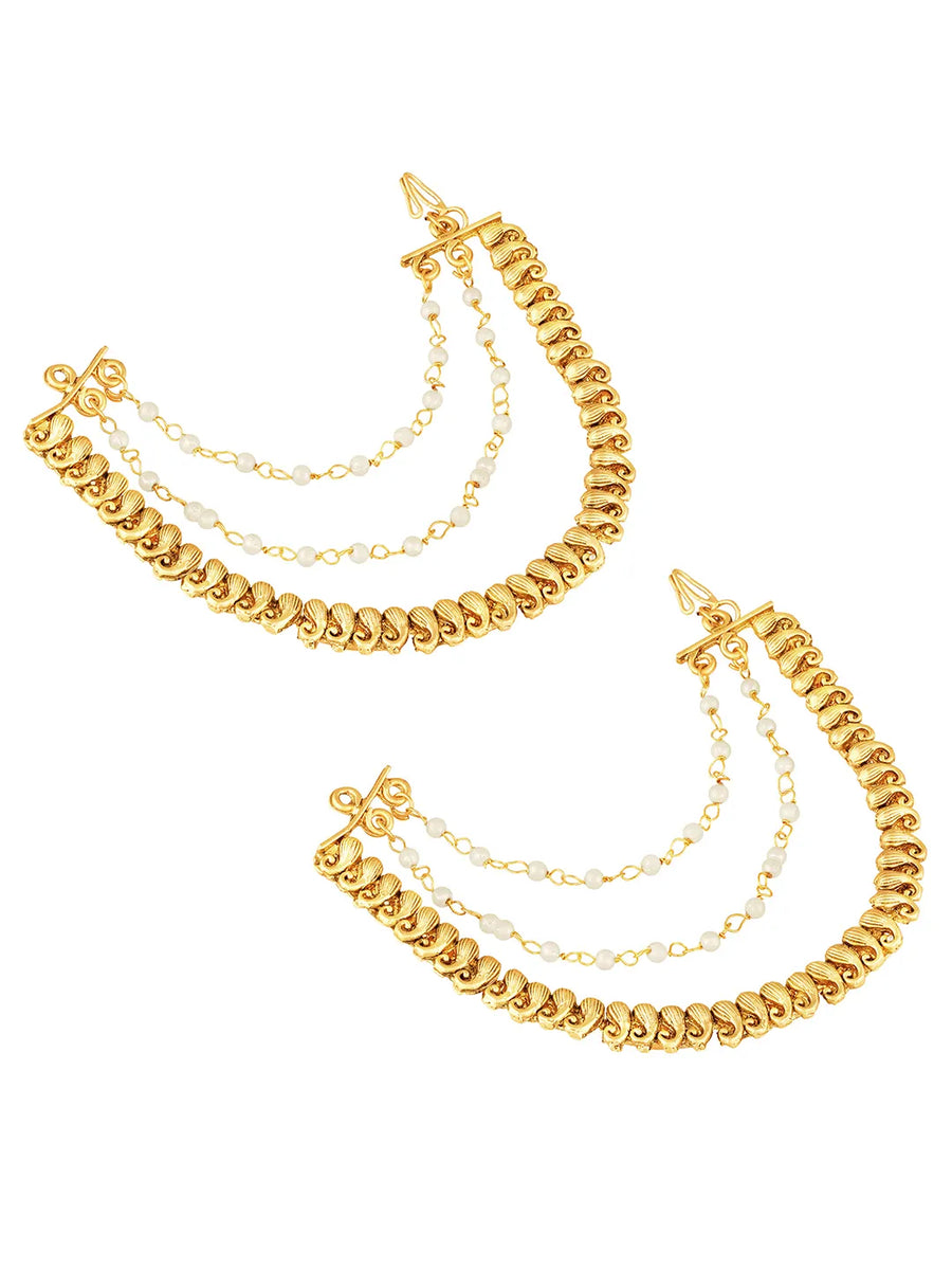 Traditional Paisley Pearl Chain Earrings - Gold