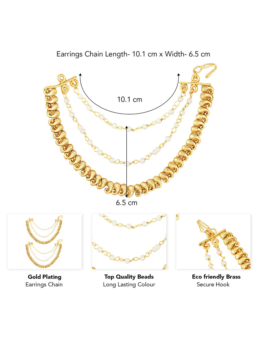 Traditional Paisley Pearl Chain Earrings - Gold