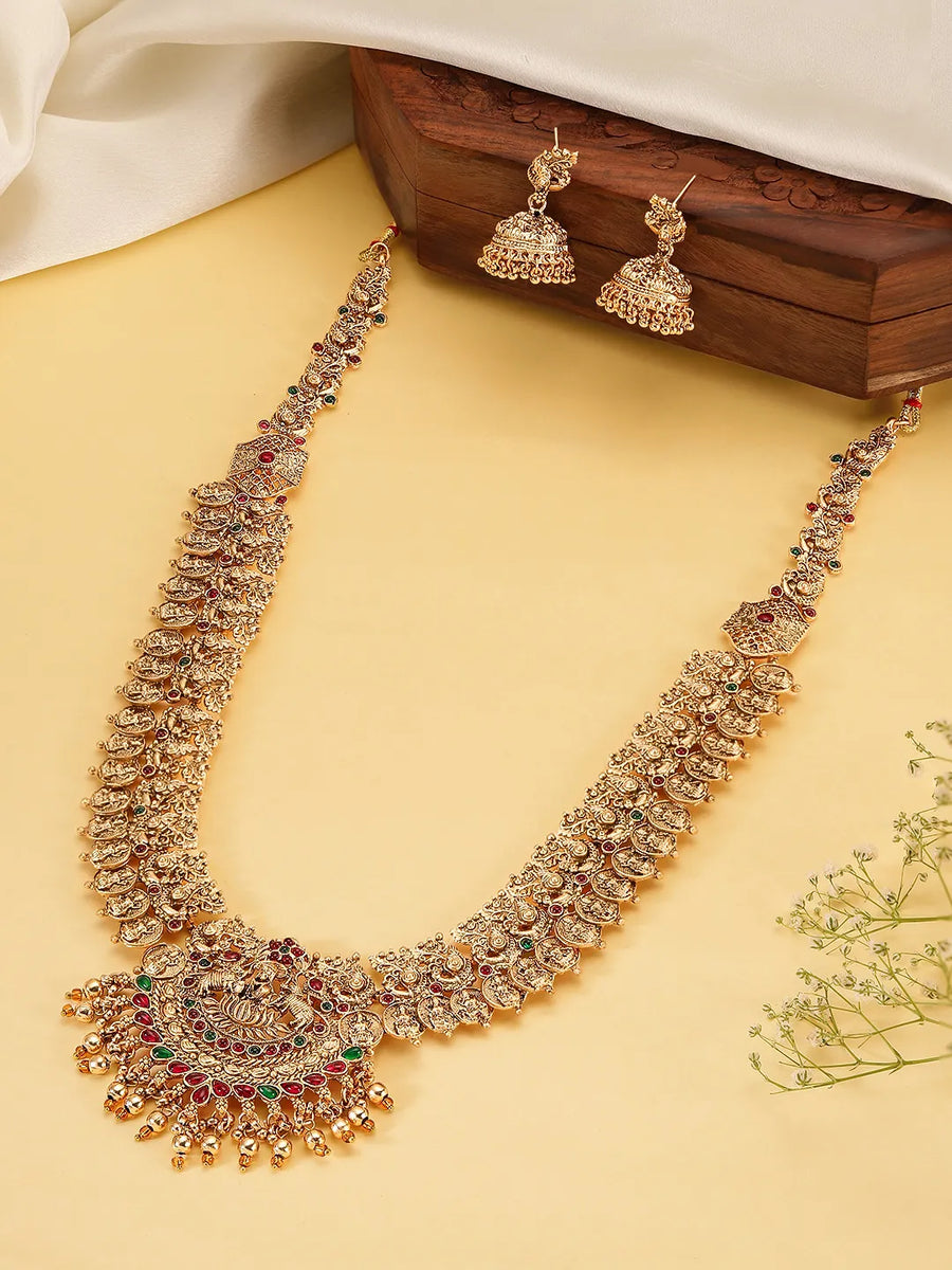 South Indian Temple Laxmi Necklace Set - Gold