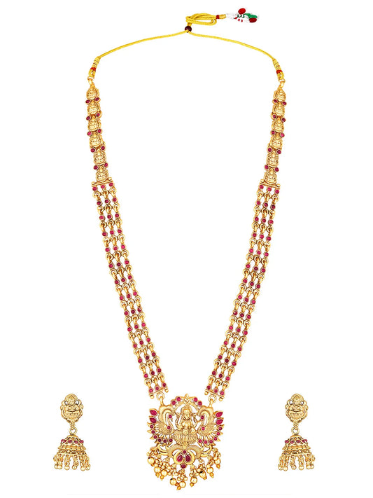 Royal Laxmi Temple Faux Ruby Necklace Set - Gold