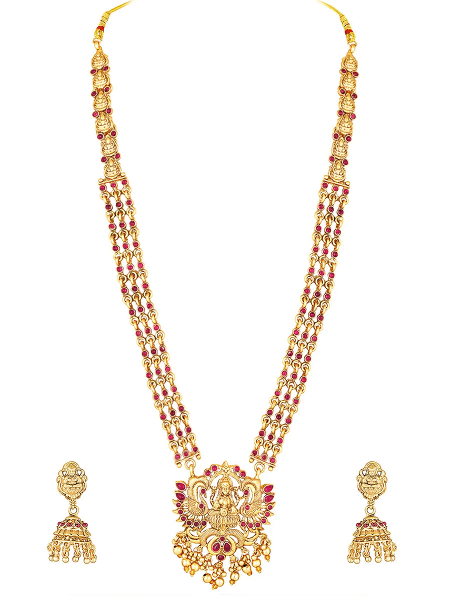Royal Laxmi Temple Faux Ruby Necklace Set - Gold