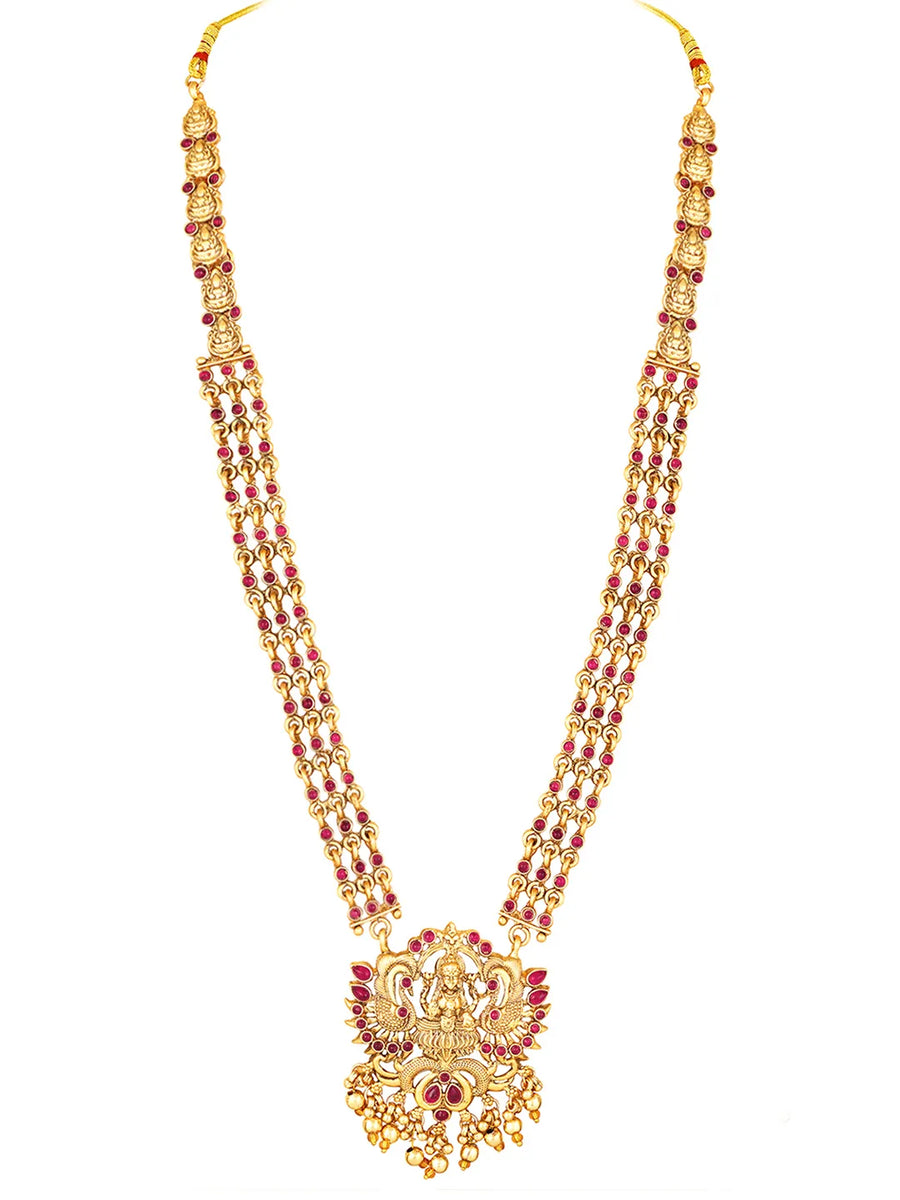 Royal Laxmi Temple Faux Ruby Necklace Set - Gold