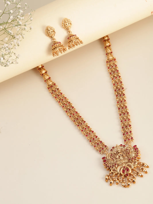 Royal Laxmi Temple Faux Ruby Necklace Set - Gold