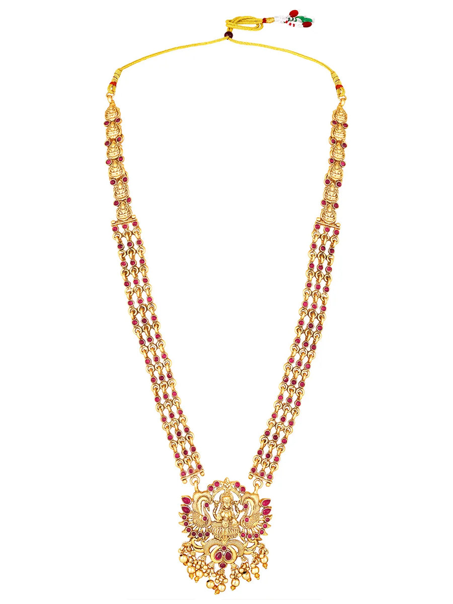 Royal Laxmi Temple Faux Ruby Necklace Set - Gold