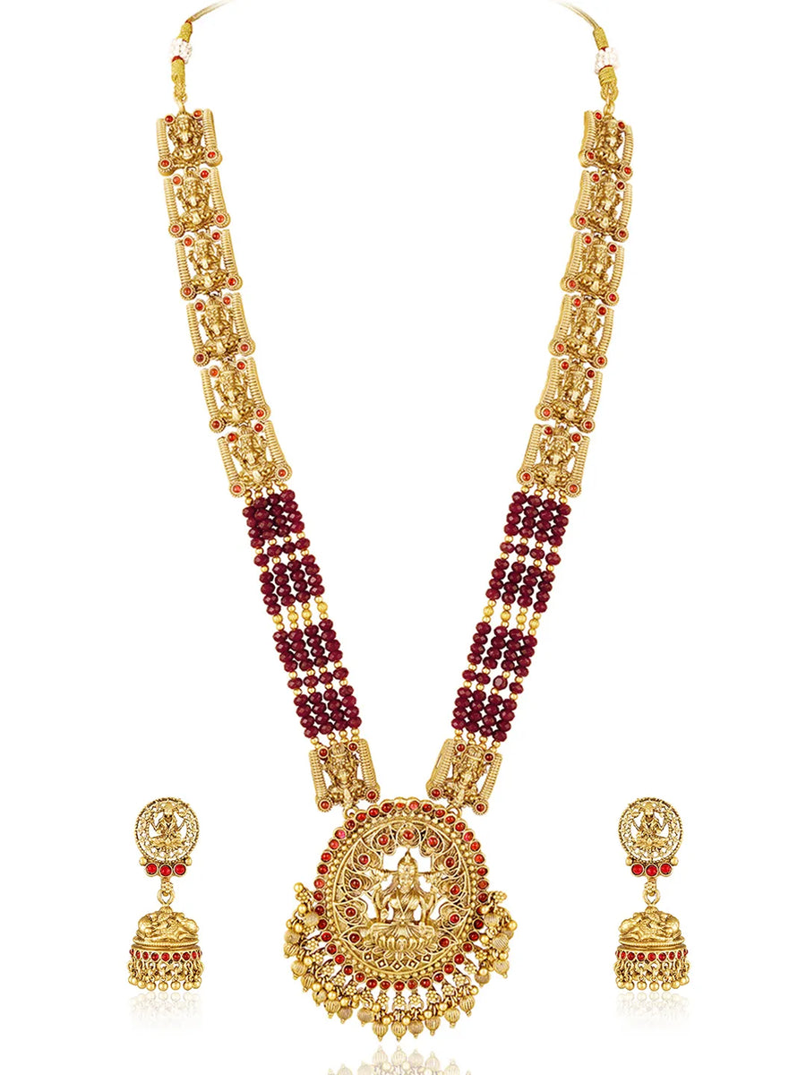 Traditional Laxmi Motif Temple Necklace Set - Gold