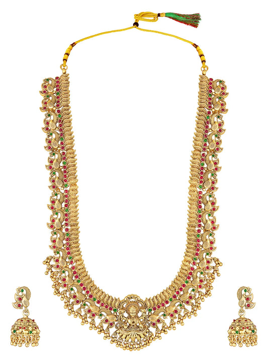 South Indian Laxmi Motif Necklace Set - Gold