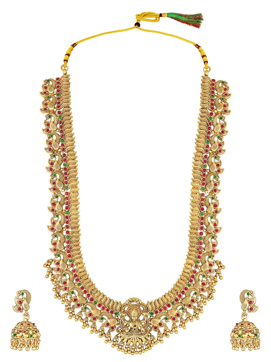 South Indian Laxmi Motif Necklace Set - Gold