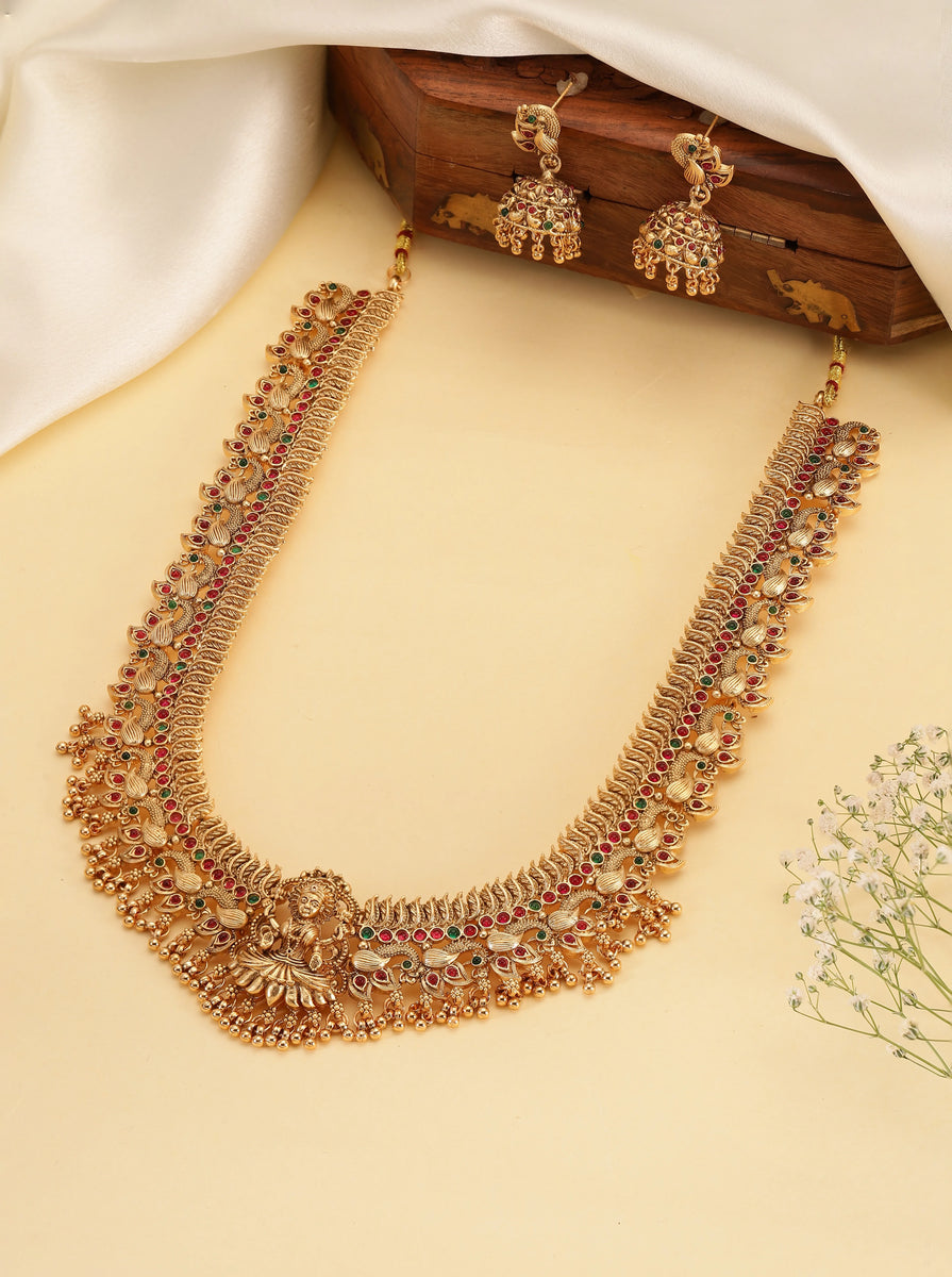 South Indian Laxmi Motif Necklace Set - Gold