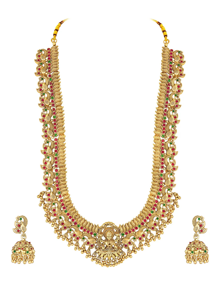South Indian Laxmi Motif Necklace Set - Gold