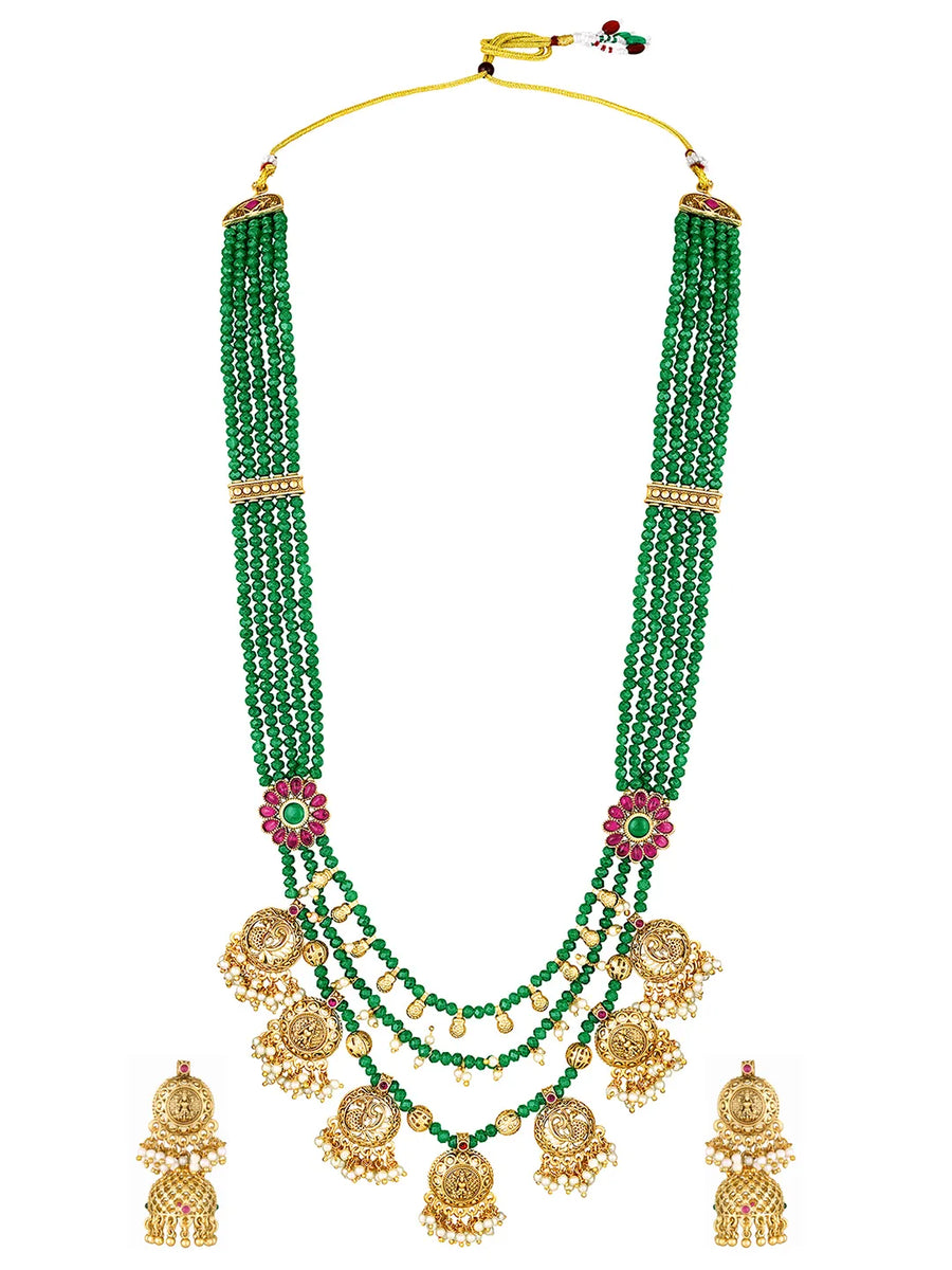 Regal Emerald Layered Temple Necklace - Green & White