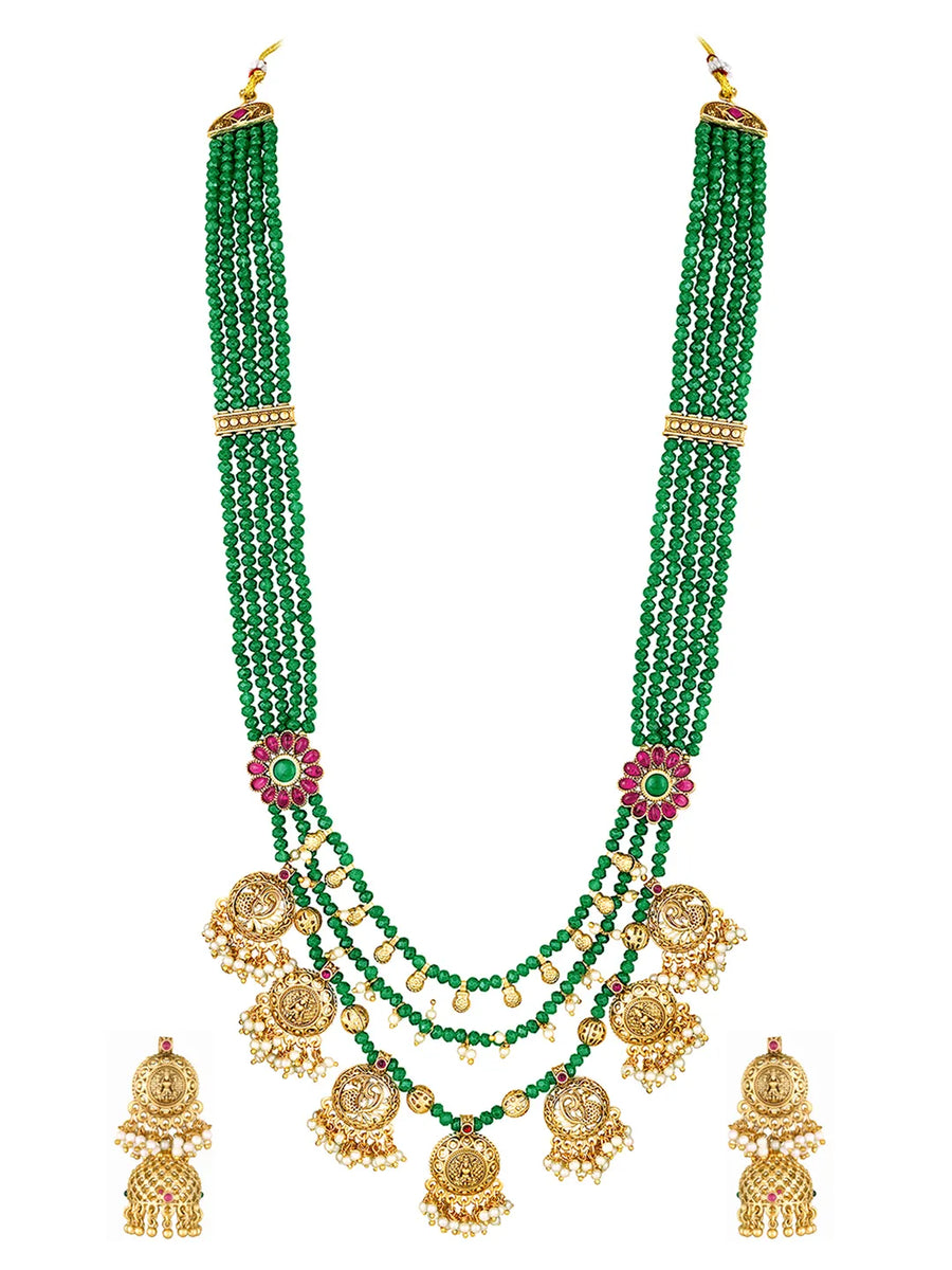 Regal Emerald Layered Temple Necklace - Green & White