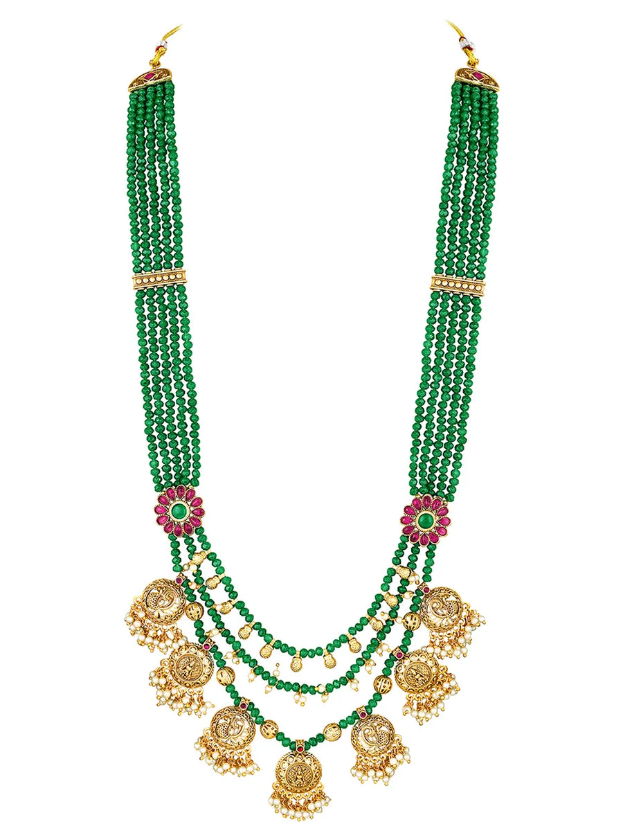 Regal Emerald Layered Temple Necklace - Green & White