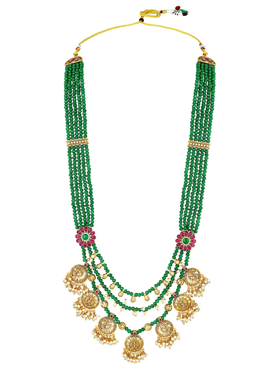 Regal Emerald Layered Temple Necklace - Green & White