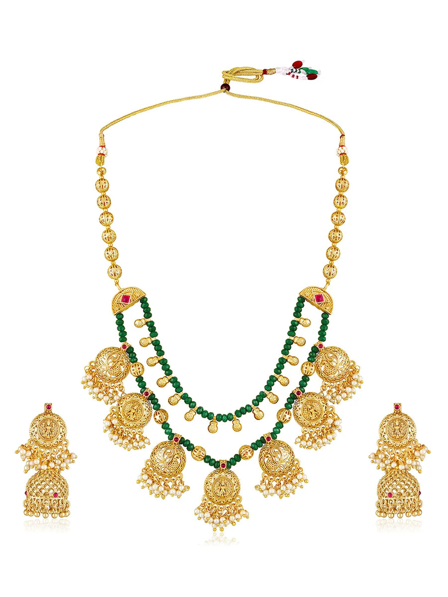 Ethnic Charm Emerald Lakshmi Necklace - Green & White