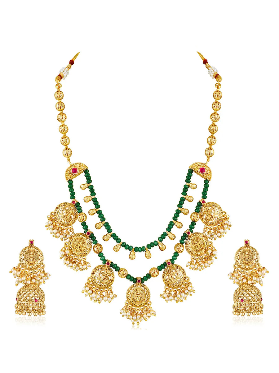 Ethnic Charm Emerald Lakshmi Necklace - Green & White