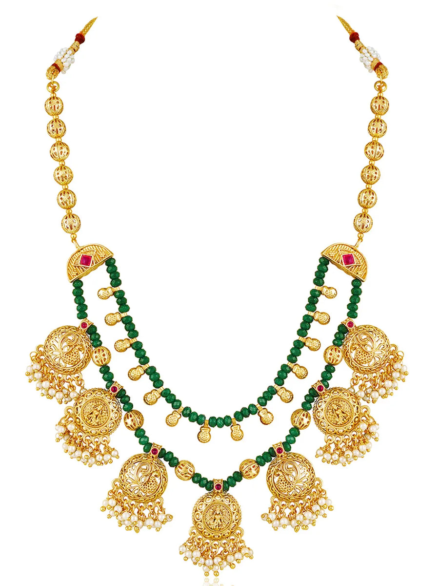 Ethnic Charm Emerald Lakshmi Necklace - Green & White