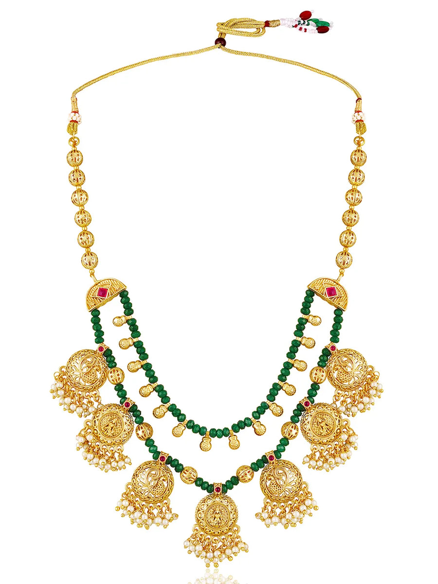 Ethnic Charm Emerald Lakshmi Necklace - Green & White