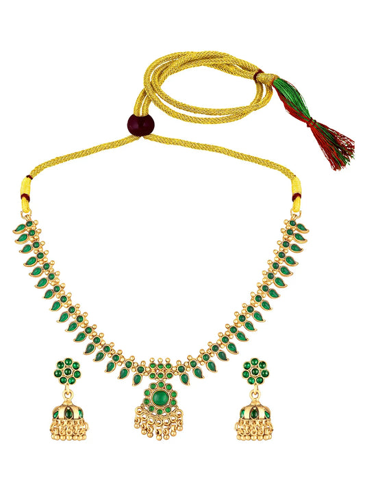 Traditional Emerald Necklace & Jhumka - Gold