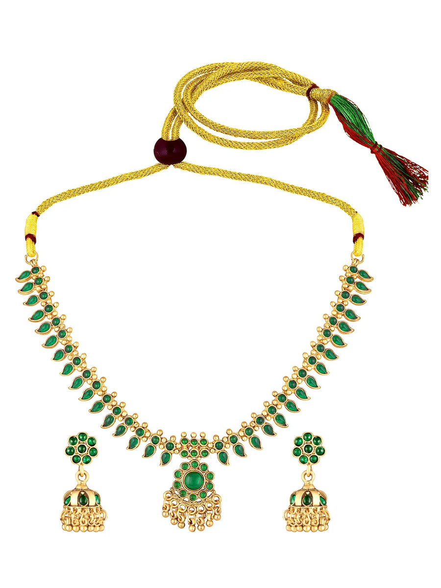 Traditional Emerald Necklace & Jhumka - Gold