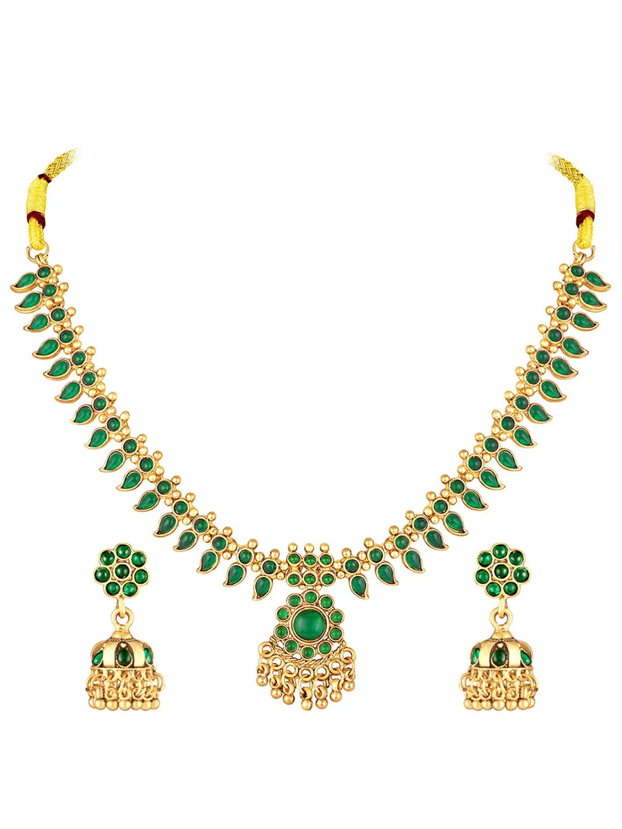 Traditional Emerald Necklace & Jhumka - Gold