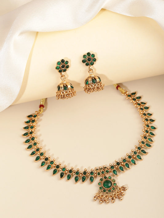 Traditional Emerald Necklace & Jhumka - Gold