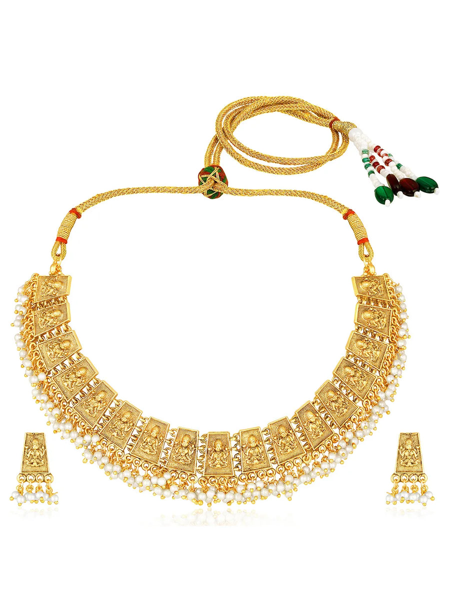 South Temple Laxmi Necklace with Pearls - Gold