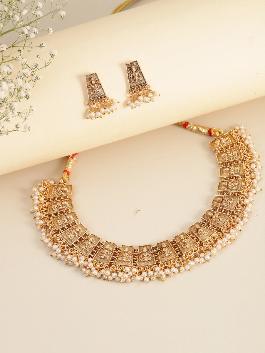 South Temple Laxmi Necklace with Pearls - Gold