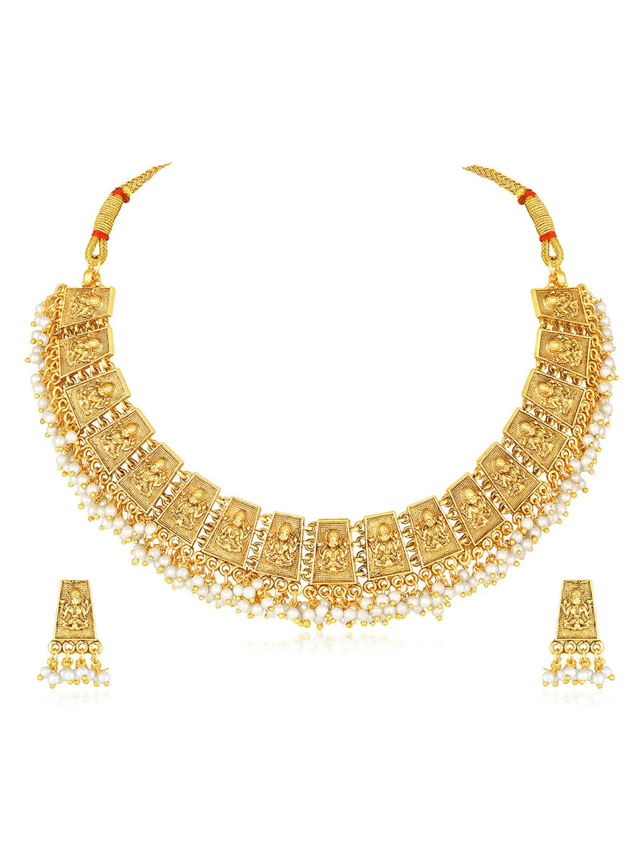 South Temple Laxmi Necklace with Pearls - Gold